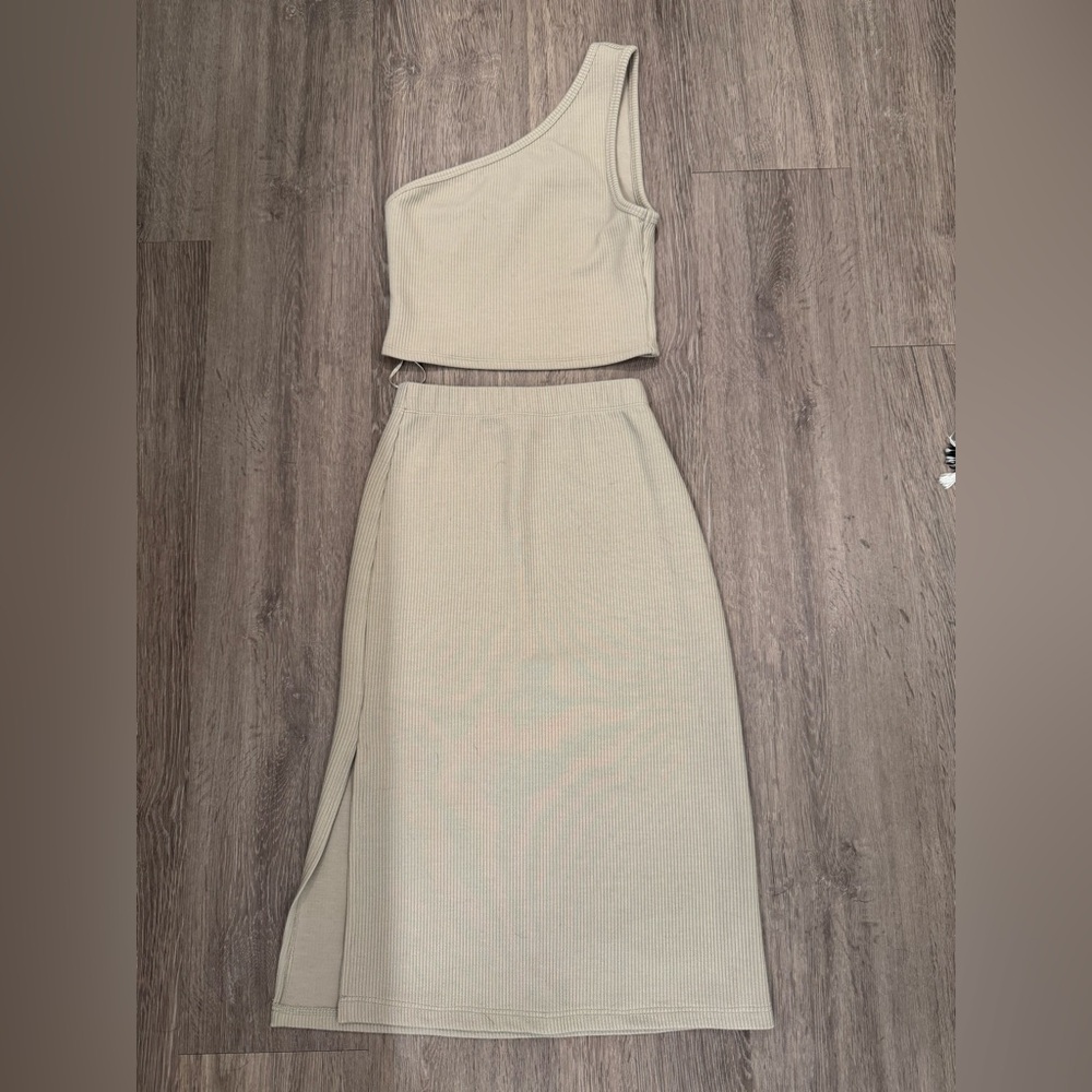 Reformation Taupe One Shoulder Skirt Set
